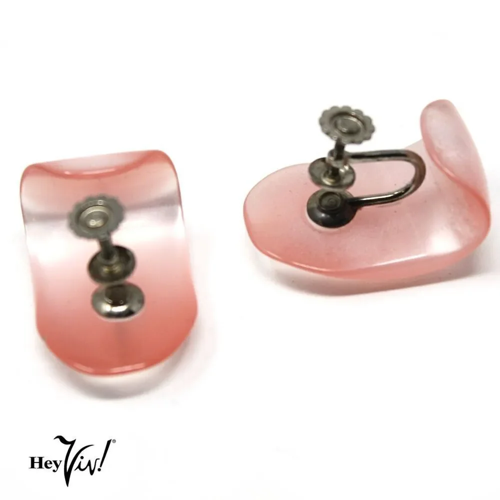 Vintage 1950s Screw Back Earrings Shiny Pink Curved Hard Plastic 1.25